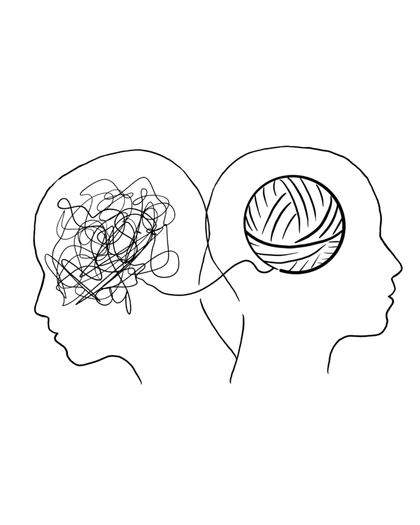 dvě hlavy, přičemž jedna má zamotané klubko a druhá má v hlavně klubko úhledně smotané